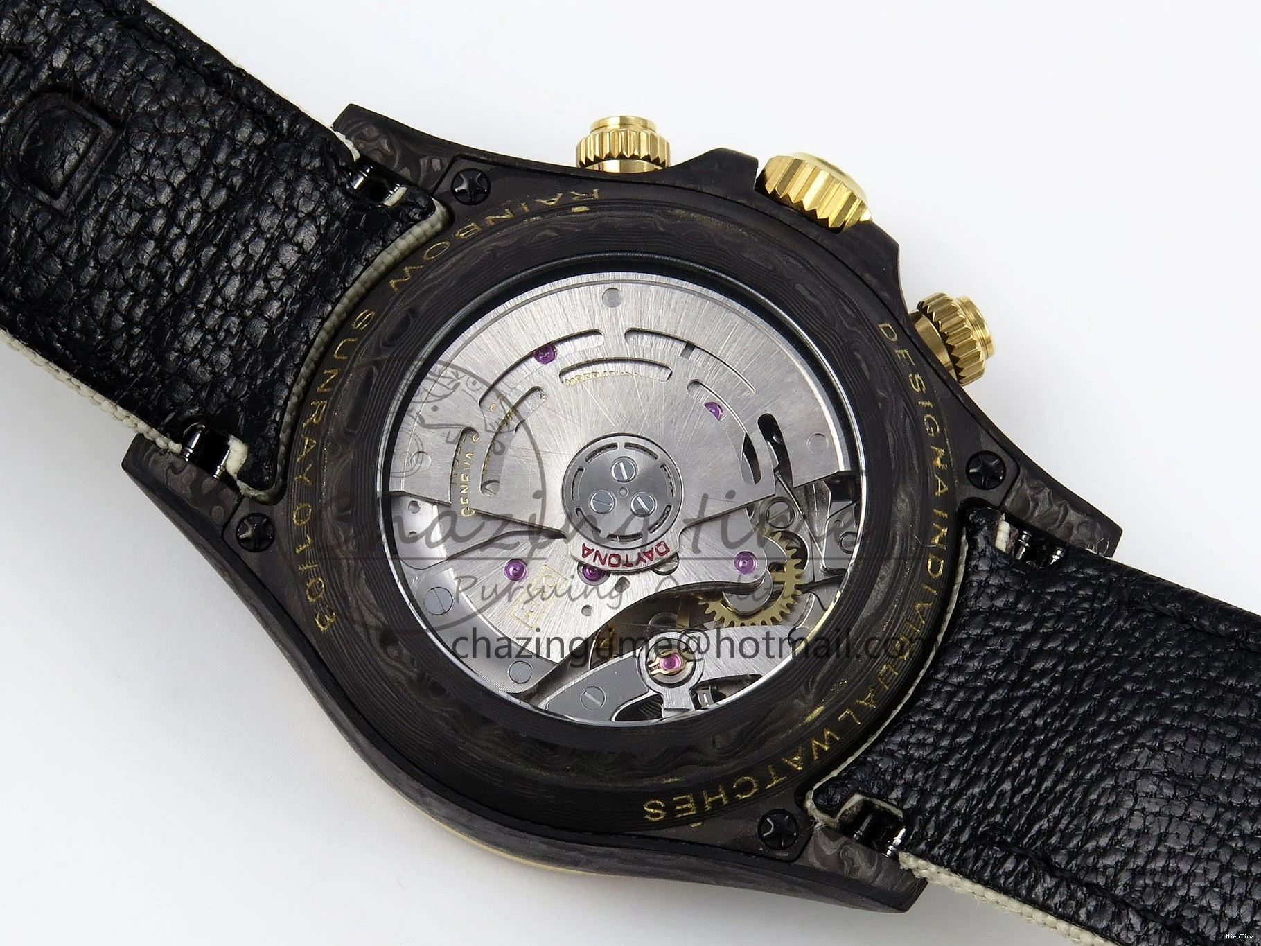 MiroTime 0504 Refined Daytona DIW Carbon Case DIWF Edition Black White Dial Orange Diamonds Bezel on White Nylon Strap A 1668